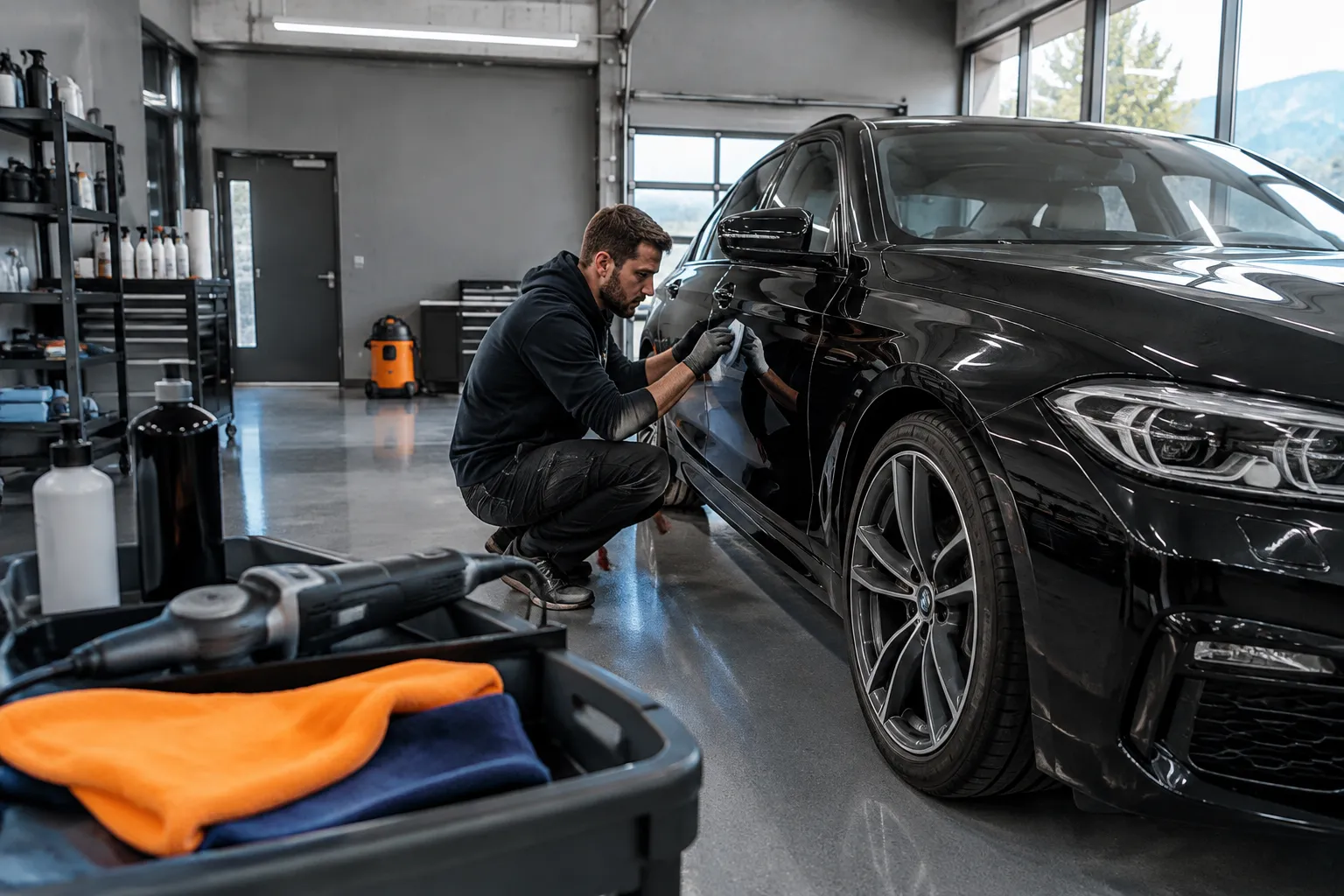 Détailleur automobile polissant une BMW noire en atelier.