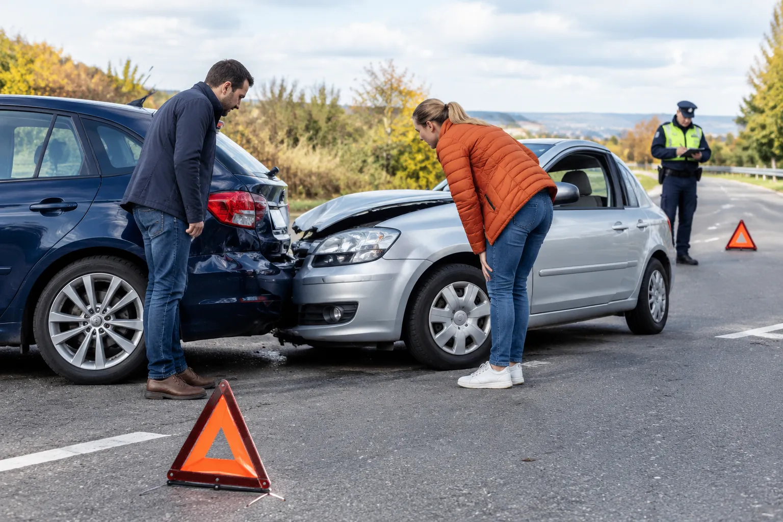 Accident entre deux voitures, conducteurs et policier sur route.