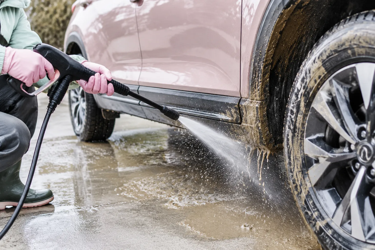 Nettoyage haute pression d’un SUV rose couvert de boue