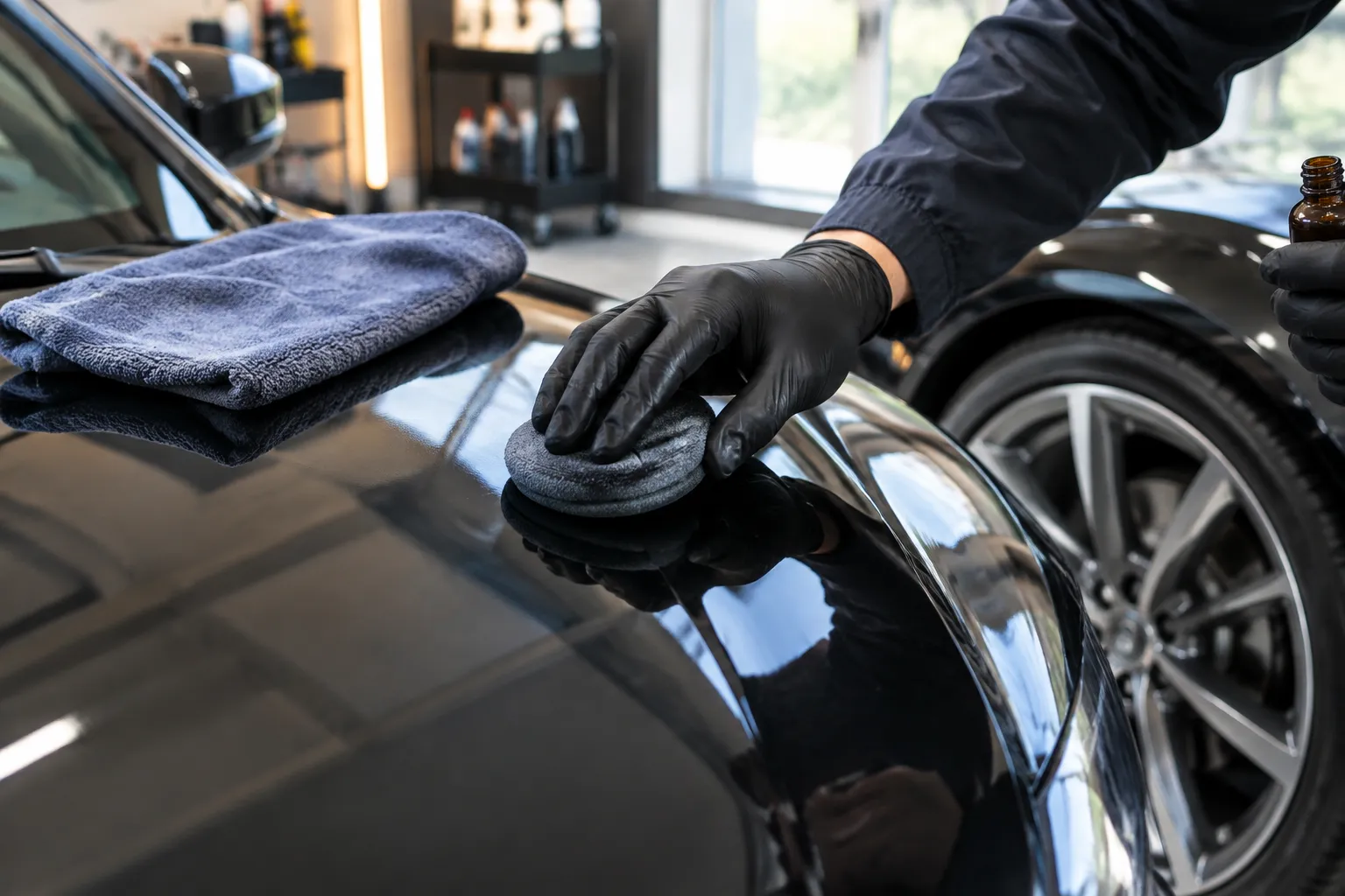 Detailing automobile: gant noir et chiffon microfibre sur carrosserie noire