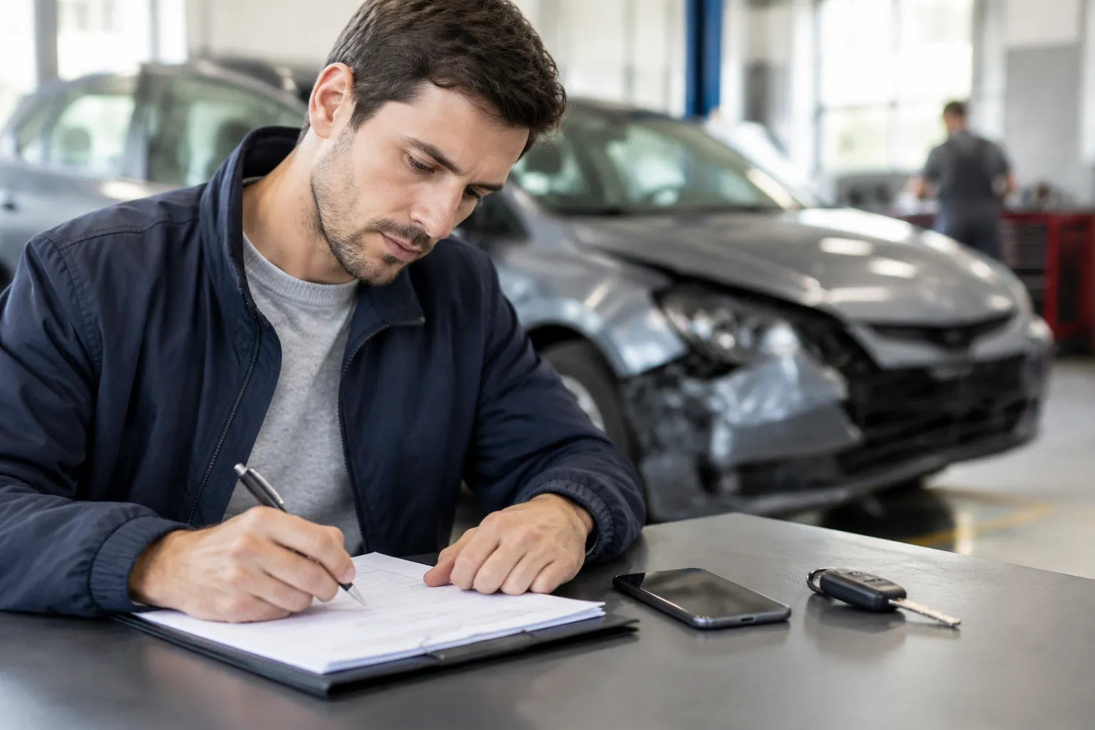 Homme signant des documents devant une voiture accidentée.