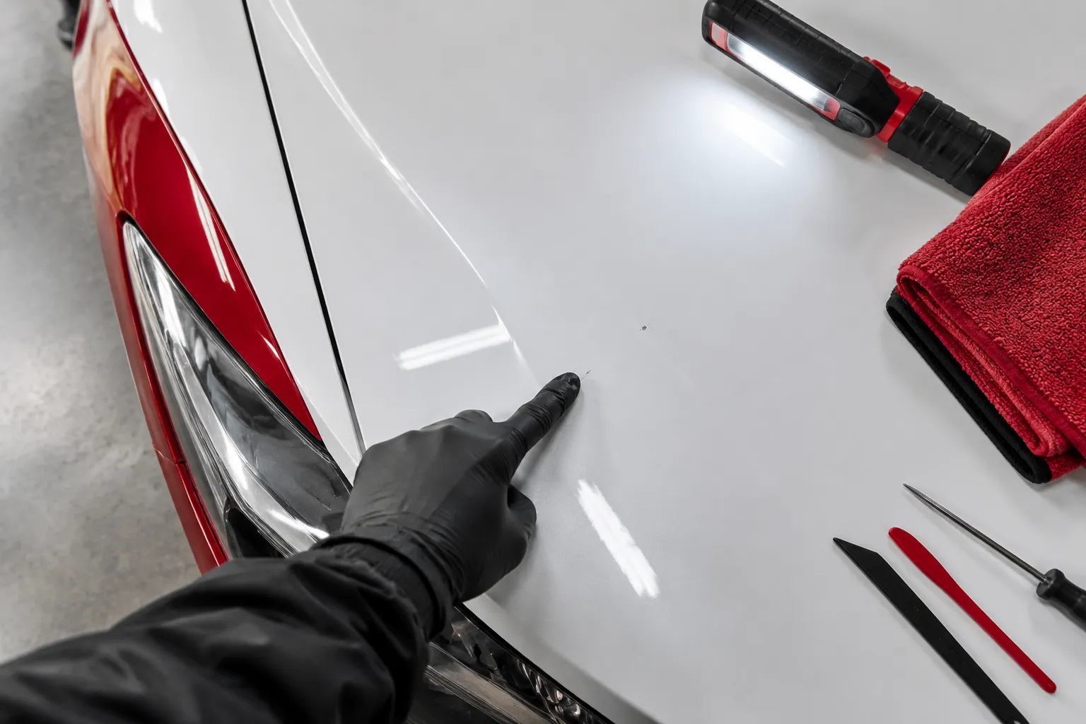 Technicien ganté inspectant une rayure sur capot blanc de voiture