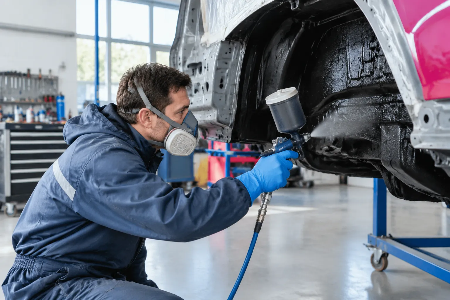 Mécanicien pulvérisant un revêtement noir sous la carrosserie automobile